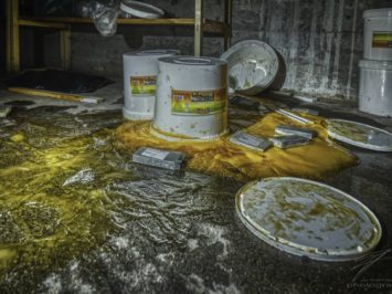 Spilled - Buckets of mayonnaise spilled in the basement of an abandoned Jewish Talmud school in Switzerland, Schweiz